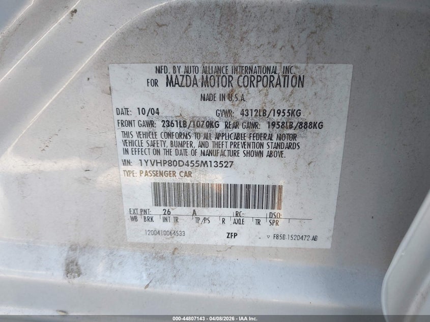 2005 Mazda Mazda6 S Sport VIN: 1YVHP80D455M13527 Lot: 44807143