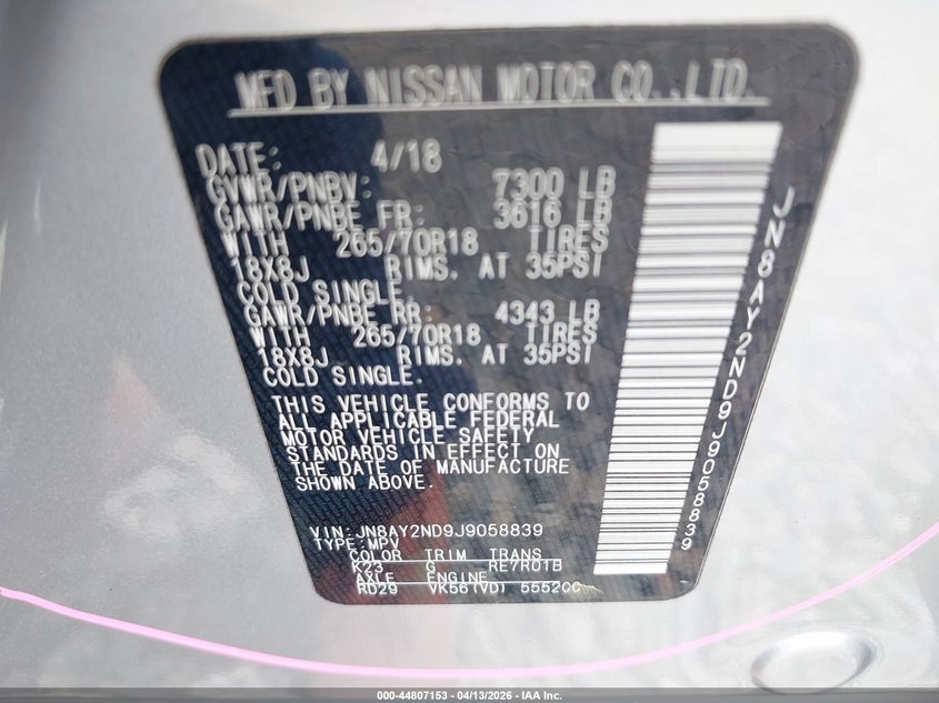 2018 Nissan Armada Sv VIN: JN8AY2ND9J9058839 Lot: 44807153