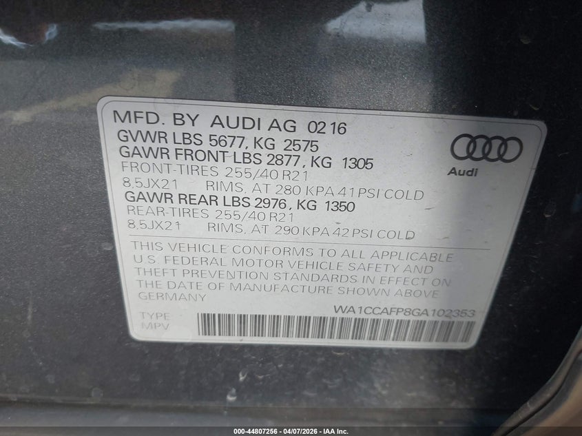 2016 Audi Sq5 3.0T Premium Plus VIN: WA1CCAFP8GA102353 Lot: 44807256