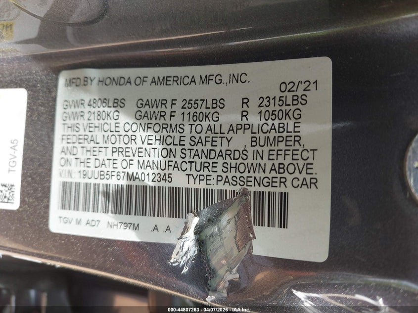 2021 Acura Tlx Advance Package VIN: 19UUB5F67MA012345 Lot: 44807263