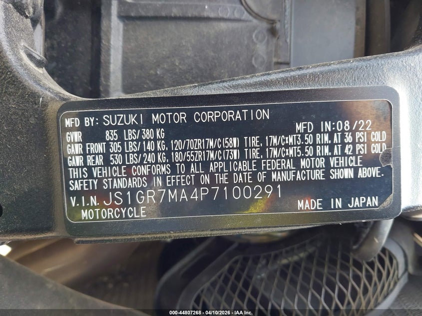2023 Suzuki Gsx-R750 VIN: JS1GR7MA4P7100291 Lot: 44807268