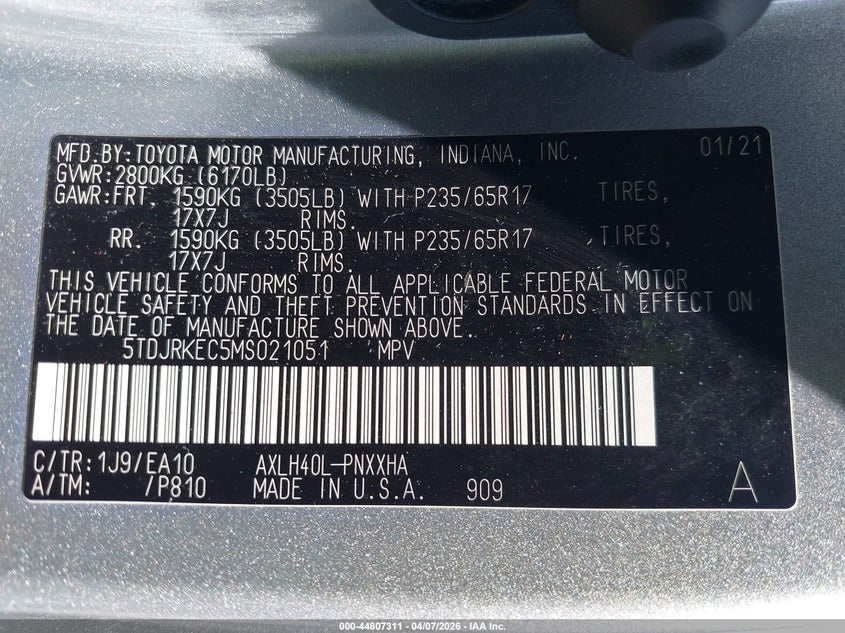 2021 Toyota Sienna Xle VIN: 5TDJRKEC5MS021051 Lot: 44807311