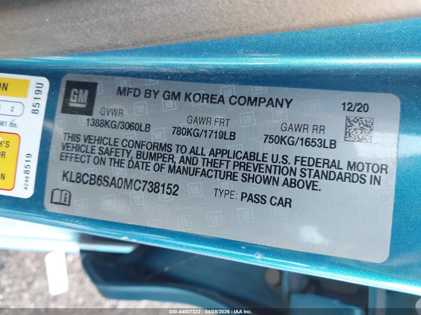 2021 Chevrolet Spark Fwd Ls Automatic VIN: KL8CB6SA0MC738152 Lot: 44807322