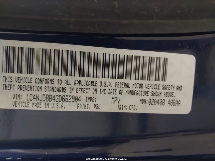2016 Jeep Compass Sport VIN: 1C4NJDBB4GD662904 Lot: 44807335