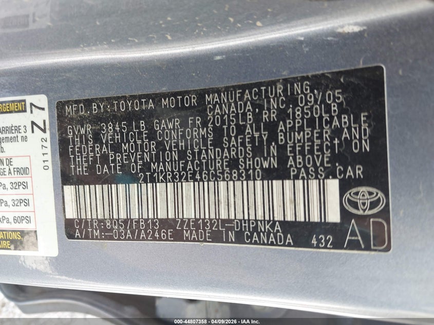 2006 Toyota Matrix Xr VIN: 2T1KR32E46C568310 Lot: 44807358