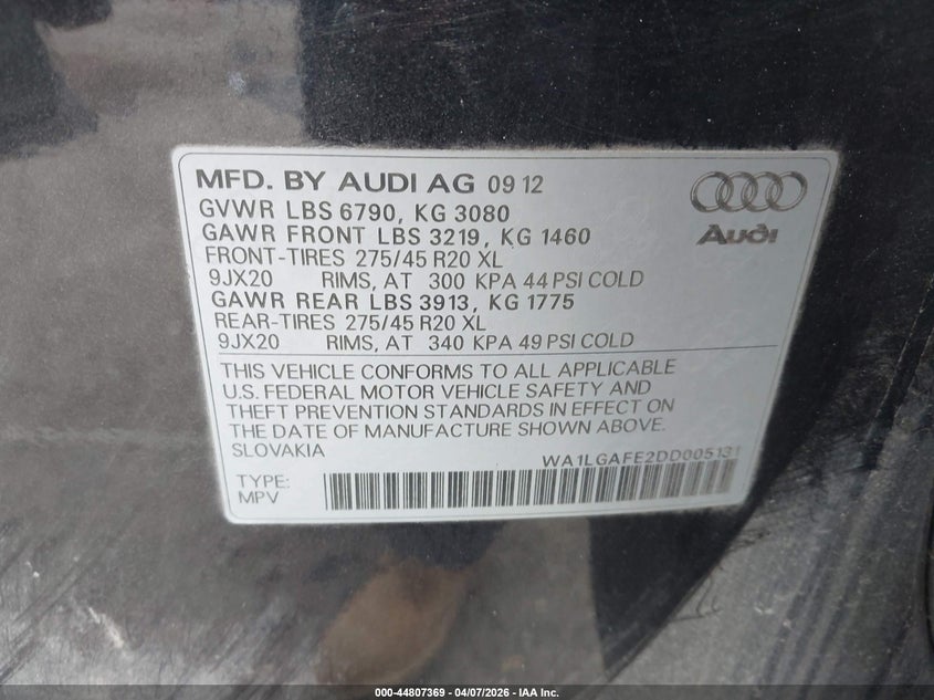 2013 Audi Q7 3.0T Premium VIN: WA1LGAFE2DD005131 Lot: 44807369
