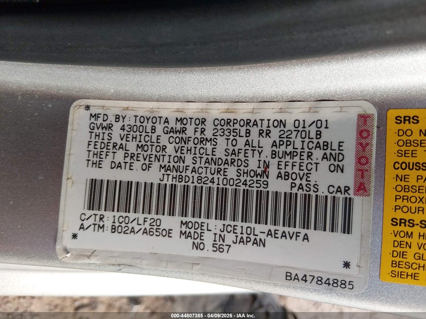 2001 Lexus Is 300 VIN: JTHBD182410024259 Lot: 44807385