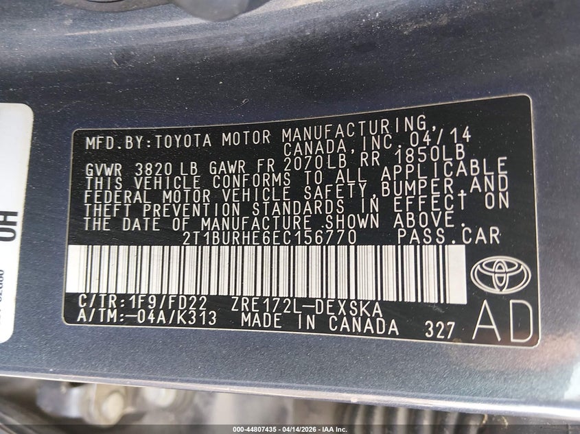 2014 Toyota Corolla 1.8 S Plus Grey Lot 111044807435 Vin 2T1BURHE6EC156770