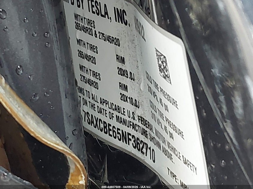 2022 Tesla Model X Plaid Tri Motor All-Wheel Drive VIN: 7SAXCBE65NF362710 Lot: 44807509