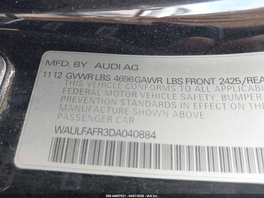 2013 Audi A5 2.0T Premium VIN: WAULFAFR3DA040884 Lot: 44807521