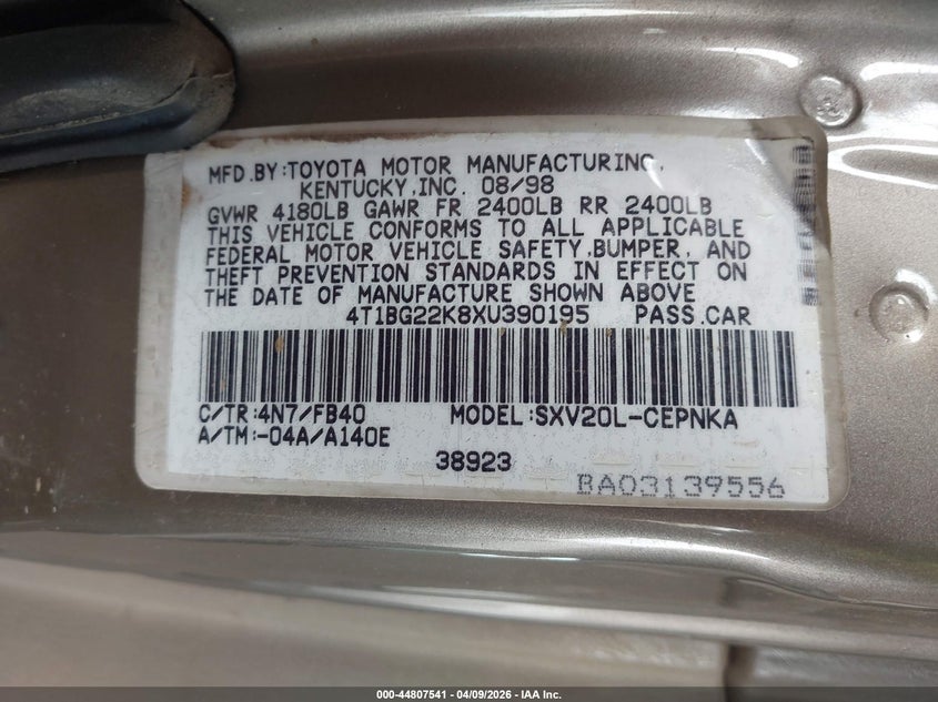 1999 Toyota Camry Le VIN: 4T1BG22K8XU390195 Lot: 44807541