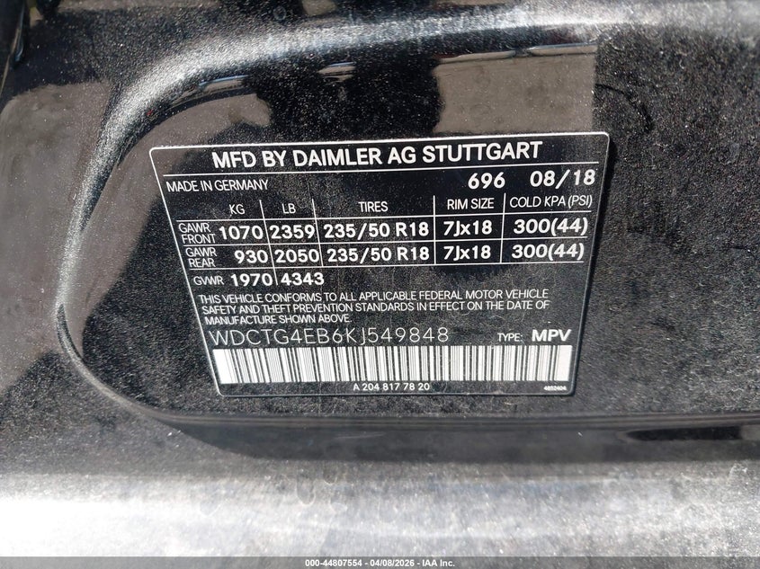 2019 Mercedes-Benz Gla 250 VIN: WDCTG4EB6KJ549848 Lot: 44807554