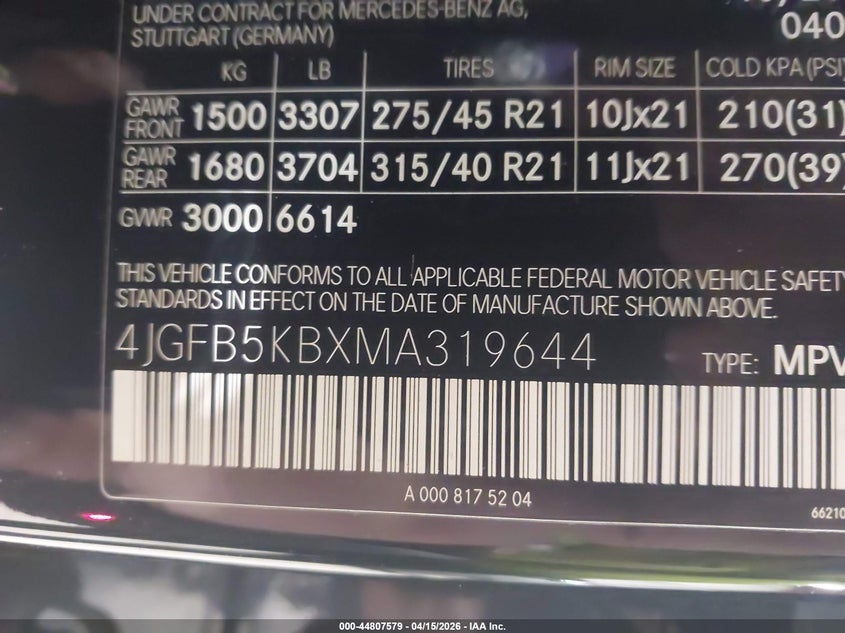 2021 Mercedes-Benz Gle 450 4Matic VIN: 4JGFB5KBXMA319644 Lot: 44807579