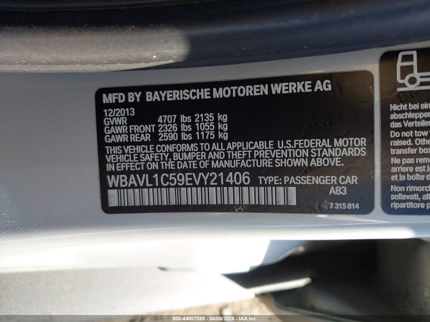 2014 BMW X1 xDrive28I VIN: WBAVL1C59EVY21406 Lot: 44807595