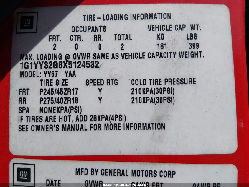 1999 Chevrolet Corvette VIN: 1G1YY32G8X5124532 Lot: 44807599