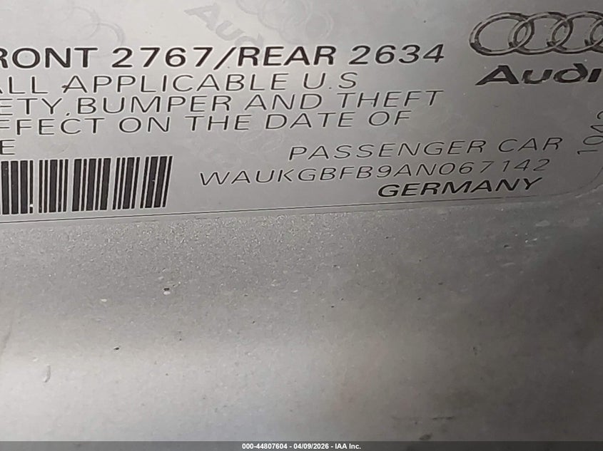 2010 Audi A6 3.0 Premium VIN: WAUKGBFB9AN067142 Lot: 44807604