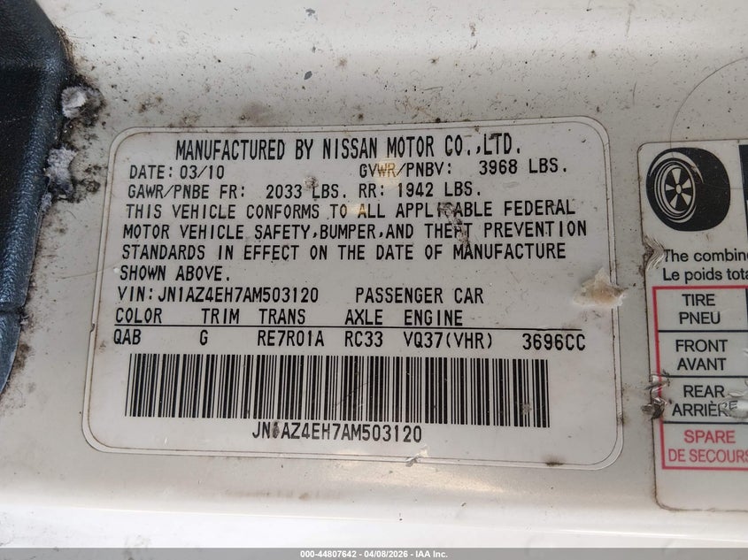 2010 Nissan 370Z VIN: JN1AZ4EH7AM503120 Lot: 44807642