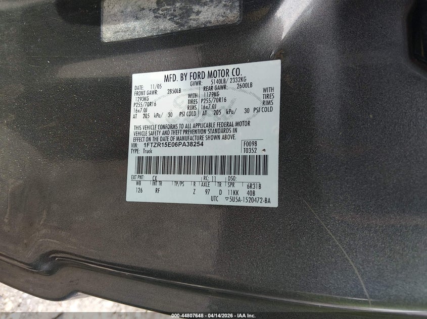 2006 Ford Ranger Fx4 Off-Road/Sport/Xl/Xlt VIN: 1FTZR15E06PA38254 Lot: 44807648