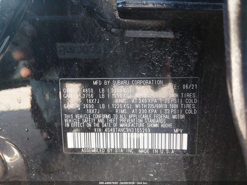 2022 Subaru Outback Limited VIN: 4S4BTANC9N3105209 Lot: 44807659