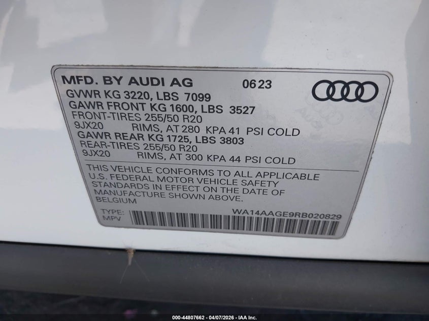 2024 Audi Q8 E-Tron Premium Quattro VIN: WA14AAGE9RB020829 Lot: 44807662