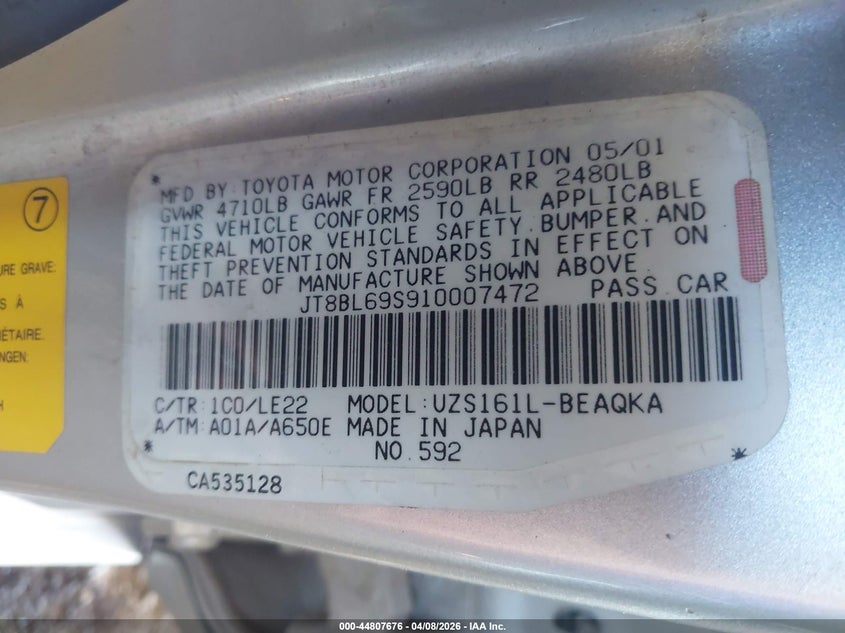 2001 Lexus Gs 430 VIN: JT8BL69S910007472 Lot: 44807676