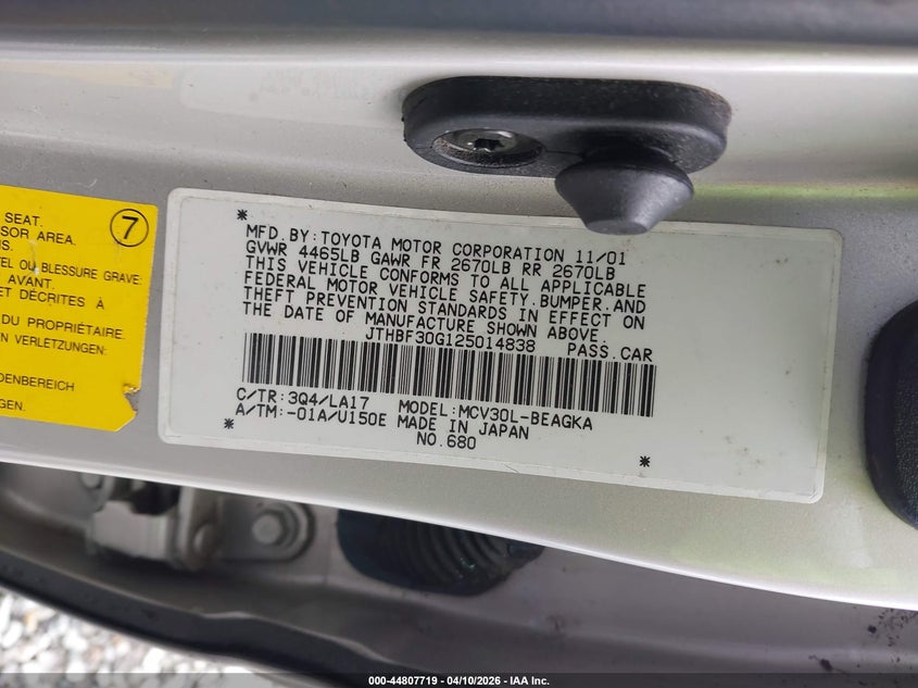 2002 Lexus Es 300 VIN: JTHBF30G125014838 Lot: 44807719