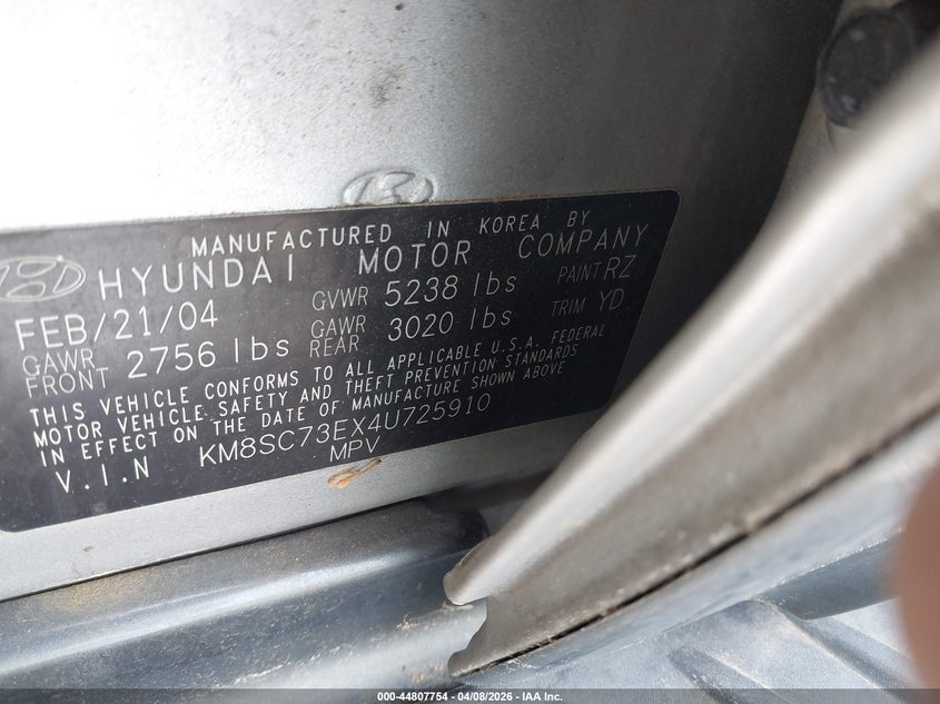2004 Hyundai Santa Fe Gls/Lx VIN: KM8SC73EX4U725910 Lot: 44807754