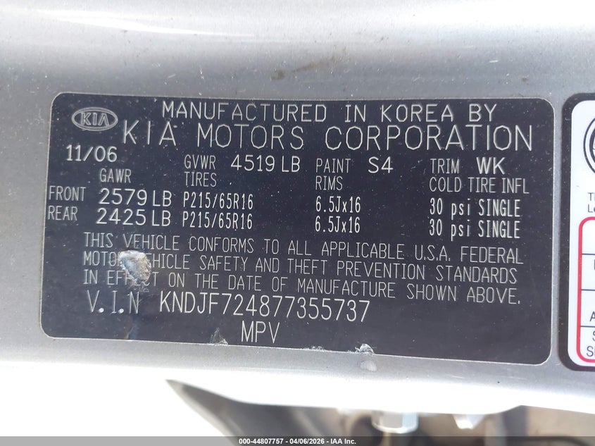 2007 Kia Sportage Lx VIN: KNDJF724877355737 Lot: 44807757