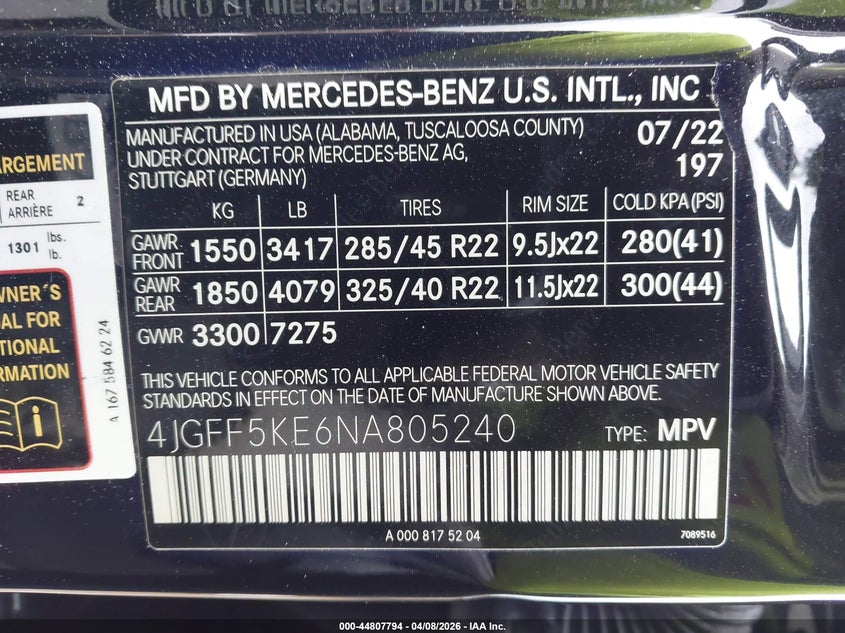 2022 Mercedes-Benz Gls 450 4Matic VIN: 4JGFF5KE6NA805240 Lot: 44807794
