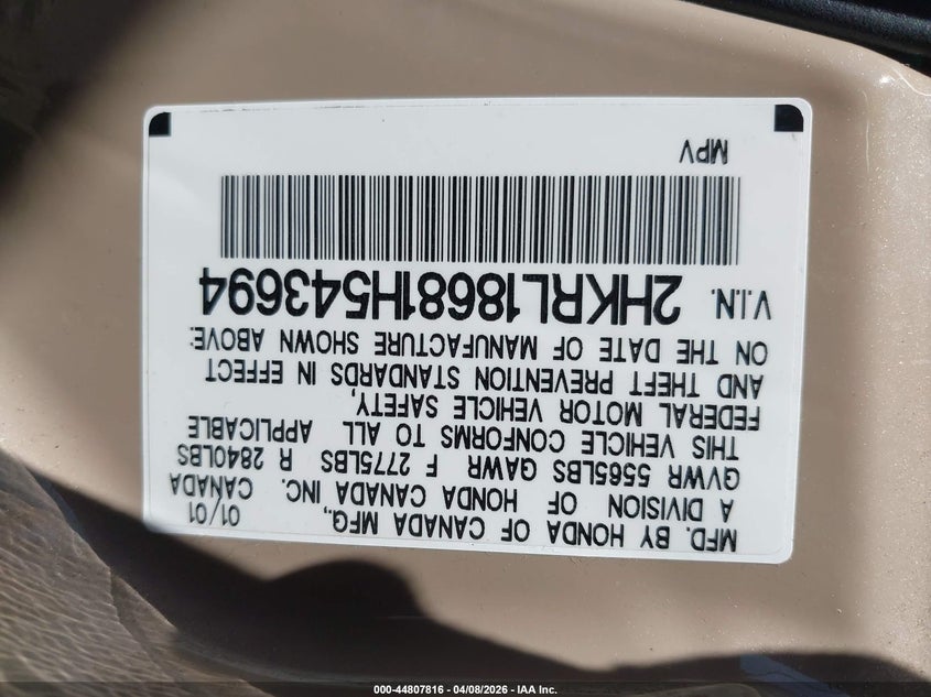 2001 Honda Odyssey Ex VIN: 2HKRL18681H543694 Lot: 44807816