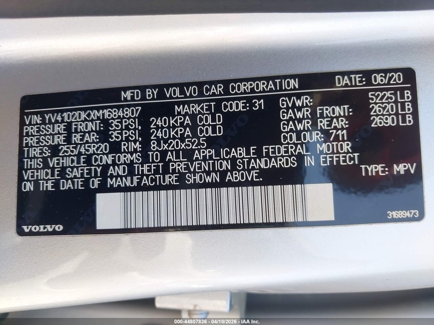 2021 Volvo Xc60 T5 Momentum VIN: YV4102DKXM1684807 Lot: 44807836