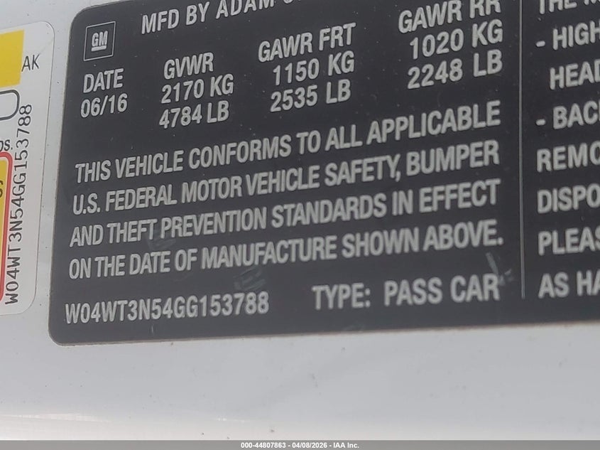 2016 Buick Cascada Premium VIN: W04WT3N54GG153788 Lot: 44807863