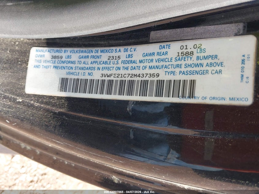 2002 Volkswagen New Beetle Turbo S VIN: 3VWFE21C72M437359 Lot: 44807865