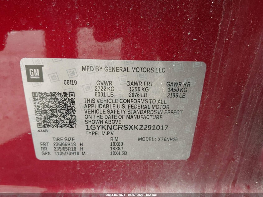 2019 Cadillac Xt5 Luxury VIN: 1GYKNCRSXKZ291017 Lot: 44807871