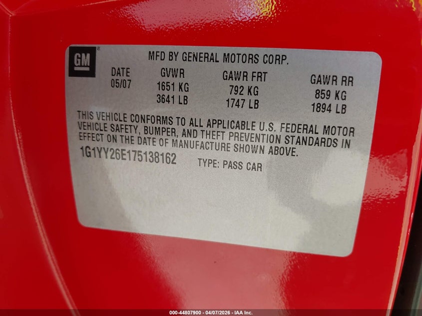 2007 Chevrolet Corvette Z06 Hardtop VIN: 1G1YY26E175138162 Lot: 44807900