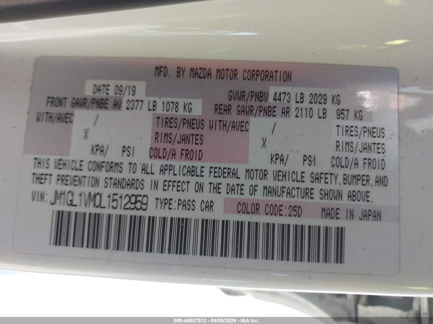2020 Mazda Mazda6 Touring VIN: JM1GL1VM0L1512959 Lot: 44807912