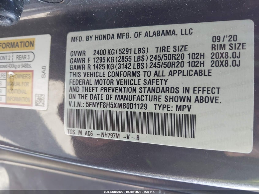 2021 Honda Passport Awd Ex-L VIN: 5FNYF8H5XMB001129 Lot: 44807920