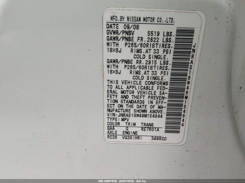 2009 Infiniti Fx35 VIN: JNRAS18W49M154844 Lot: 44807928