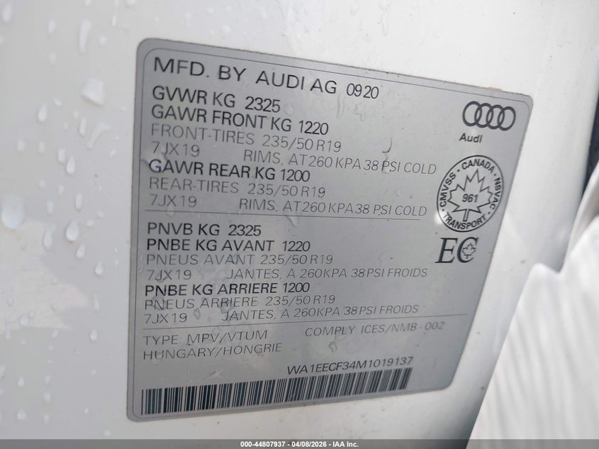 2021 Audi Q3 Premium Plus 45 Tfsi S Line Quattro Tiptronic VIN: WA1EECF34M1019137 Lot: 44807937