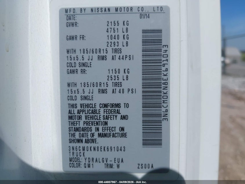 2014 Nissan Nv200 Sv VIN: 3N6CM0KN8EK691043 Lot: 44807967