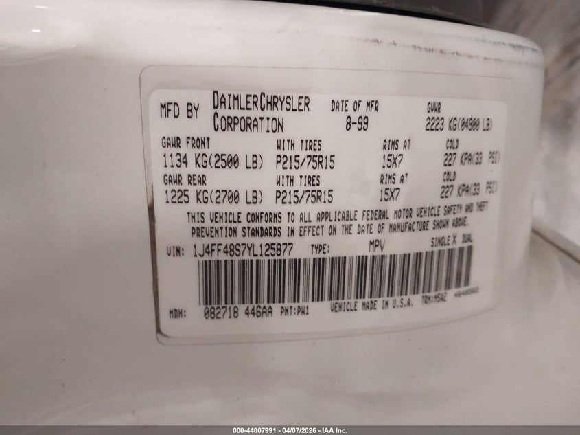 2000 Jeep Cherokee Sport VIN: 1J4FF48S7YL125877 Lot: 44807991