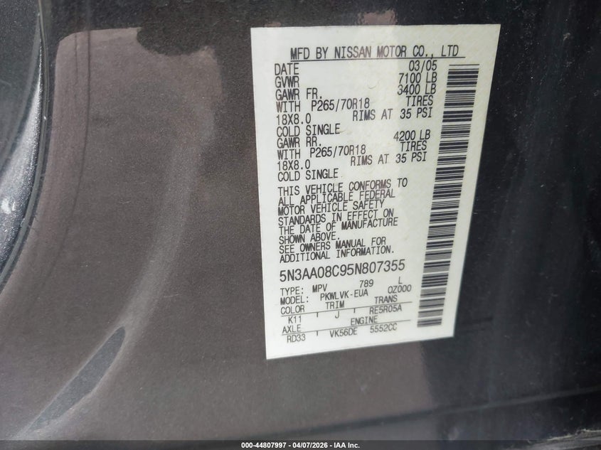 2005 Infiniti Qx56 VIN: 5N3AA08C95N807355 Lot: 44807997