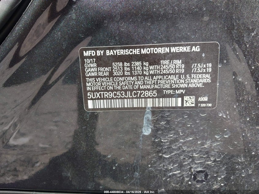2018 BMW X3 2.0 xDrive30I black Lot 111044808034 Vin 5UXTR9C53JLC72865
