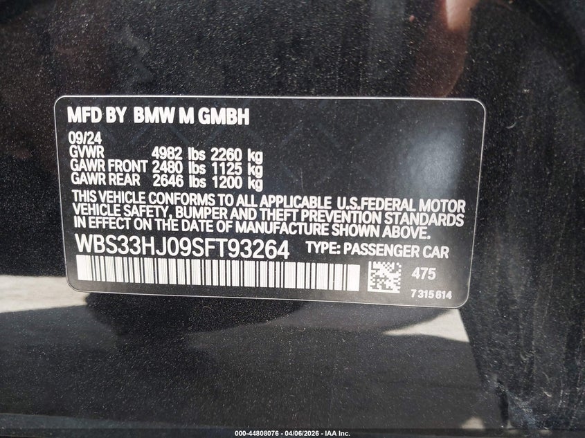 2025 BMW M3 Competition xDrive VIN: WBS33HJ09SFT93264 Lot: 44808076