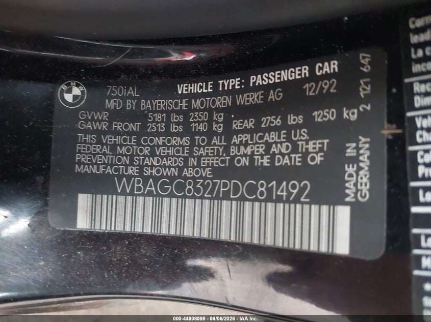 1993 BMW 750 Il Automatic VIN: WBAGC8327PDC81492 Lot: 44808098