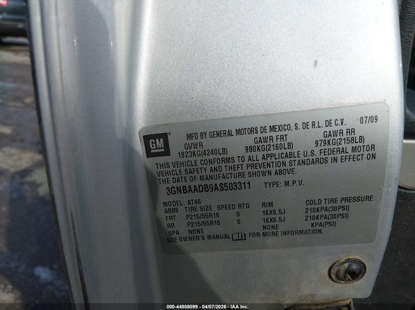 2010 Chevrolet Hhr Ls VIN: 3GNBAADB9AS503311 Lot: 44808099