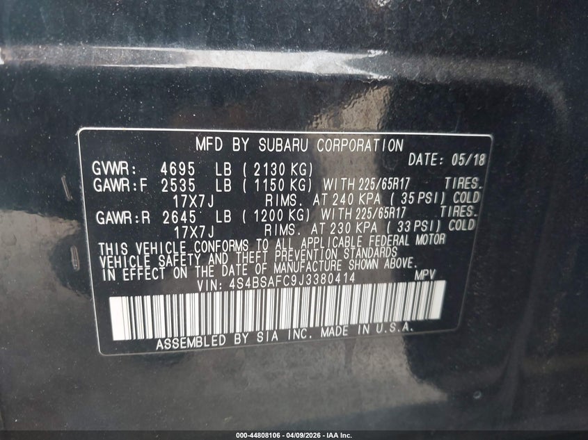 2018 Subaru Outback 2.5 2.5I Premium black Lot 111044808106 Vin 4S4BSAFC9J3380414