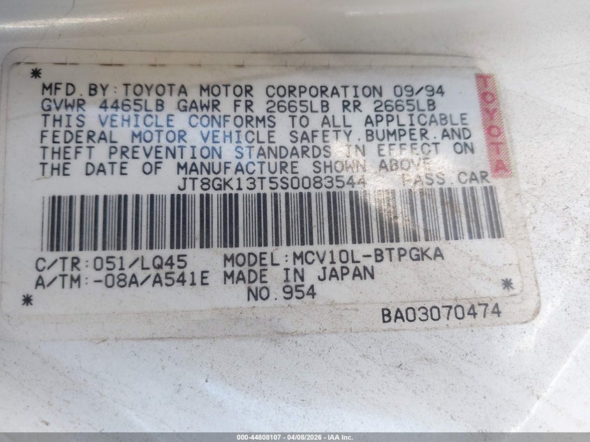 1995 Lexus Es 300 VIN: JT8GK13T5S0083544 Lot: 44808107