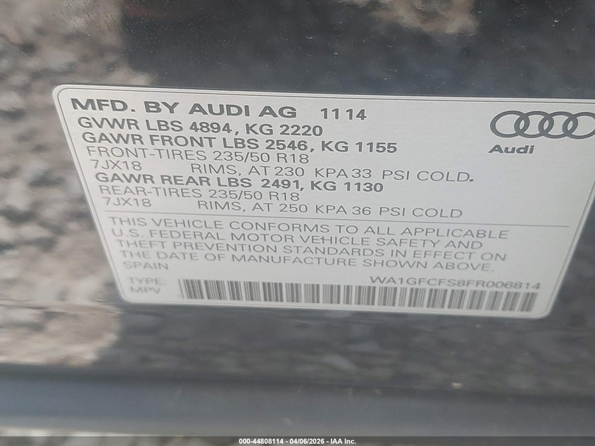 2015 Audi Q3 2.0T Premium Plus VIN: WA1GFCFS8FR006814 Lot: 44808114