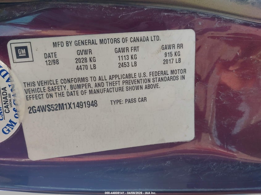 1999 Buick Century Custom VIN: 2G4WS52M1X1491948 Lot: 44808141